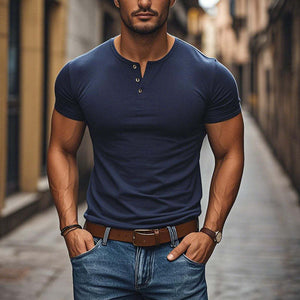 Men's Casual Comfortable Cotton Henley Collar Slim Fit Short Sleeve T-Shirt