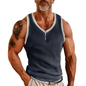 Men's Colorblock Pit Article Fabrics Zipper V-Neck Slim Fit Sleeveless Tank Top