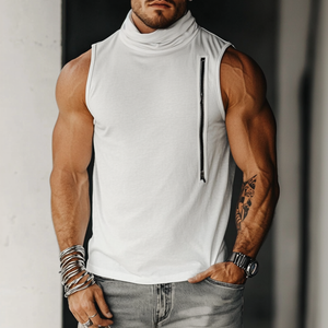 Men's Stylish Pile Collar Zipper Decorative Cotton Slim Fit Tank Top