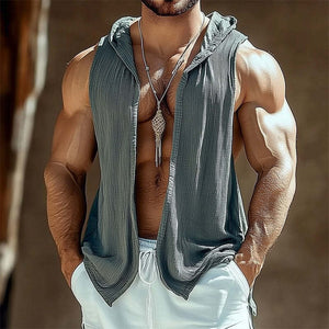 Men's Dark Gray Textured Hooded Unbuttoned Tank Top