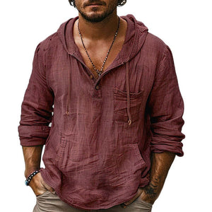 Men's Vintage Cotton And Linen Chest Pocket Hooded Sweatshirt