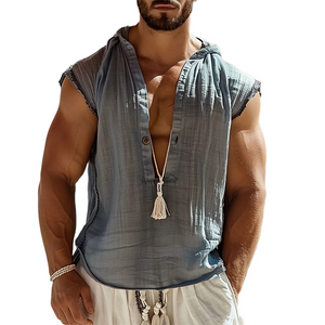 Men's Light Gray Ice Silk Pleated Hooded Tank Top