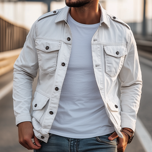 Men's Classic Casual Workwear Washed Multi-pocket Epaulette Jacket