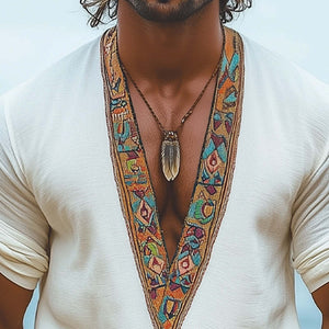 Men's Summer V-neck Retro Embroidery Casual Long Sleeve T-shirt