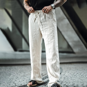 Men's Solid Cotton And Linen Mid Waist Straight Casual Pants