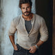 Men's Waffle Button Crew Neck Pullover Long Sleeve T-Shirt
