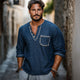 Men's Retro Navy V-neck Casual Long Sleeve T-shirt