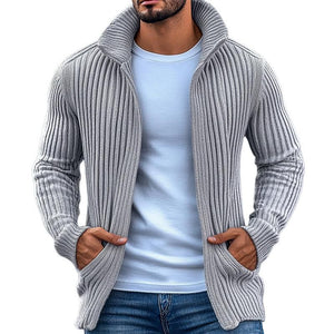 Men's Fashion Stand Collar Solid Striped Long Sleeve Knit Cardigan