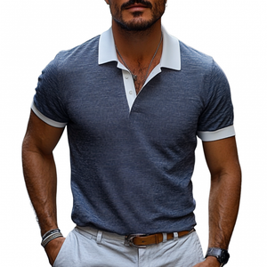 Men's Casual Comfort Cotton Linen Colorblock Lapel Slim Fit Short Sleeve Polo Shirt