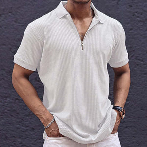 Men's Retro Casual Solid Color Zipper Neck Short Sleeve T-Shirt
