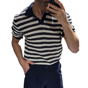 Men's Knitted Striped Casual Short-sleeved POLO Shirt