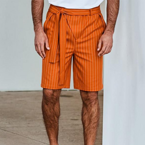 Men's Spring/Summer Fashion Striped Casual Knee-Length Shorts (Belt Included)