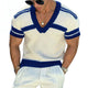 Men's Casual V-neck Striped Jacquard Slim Fit Knitted Short-sleeved Sweater T-Shirt