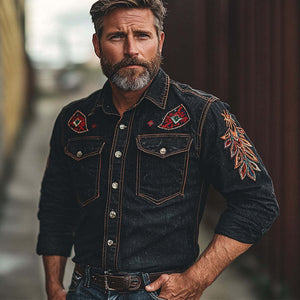 Men's Vintage Embroidered Long Sleeve Denim Shirt