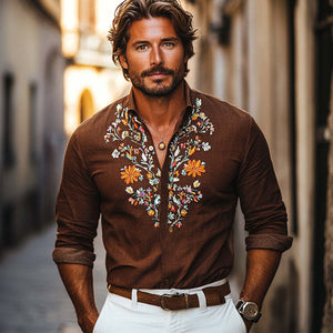 Men's Vintage Cotton And Linen Embroidered Casual Long Sleeve Shirt
