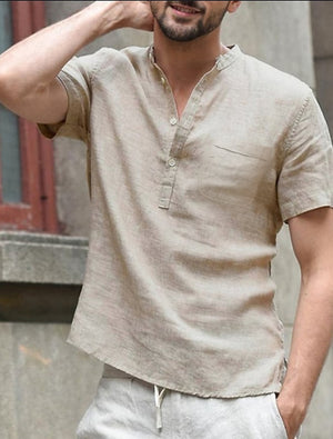 Men's Linen Solid Colored Classic Pocket Short Sleeve Shirt